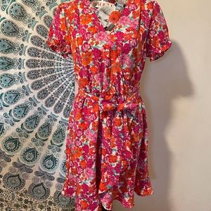 Red & Pink Floral Wrap Dress